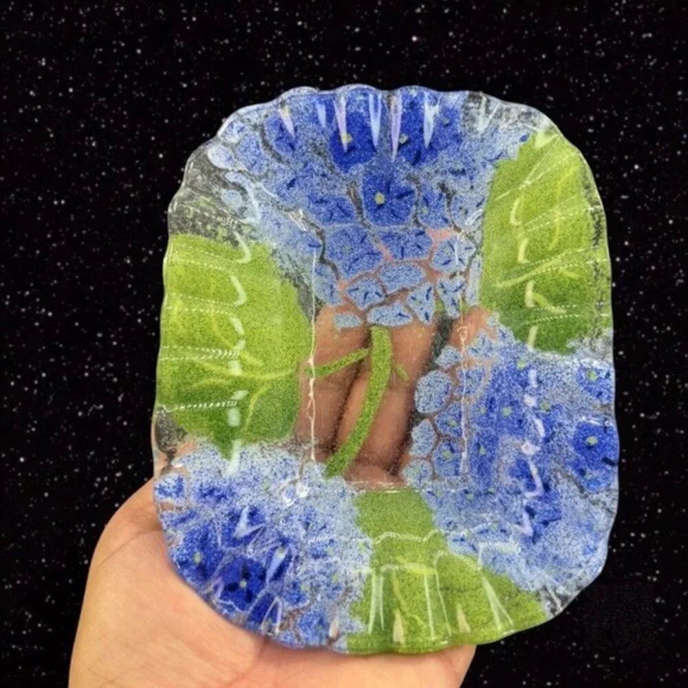 Fused Art Glass Dish Plate‎ Ruffled Edges Blue Flowers Glass Trinket Dish 6”Wide